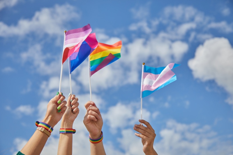 A few hands holding miniature pride flags in the air against a blue sky with some clouds.